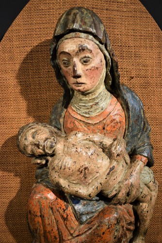 Antiquités - "Pietà" en bois polychromé - bas moyen age, début du XVe siècle